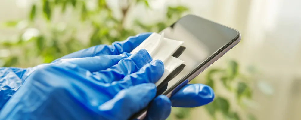 Someone cleaning their touchscreen on their phone.