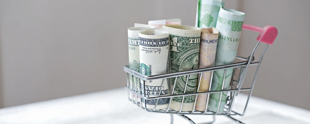 A tiny shopping cart full of various currencies, symbolizing the pros of interchange plus pricing.