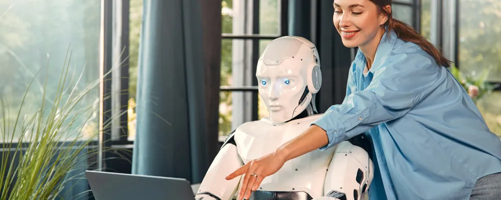 An AI-powered automaton helping a customer do their online shopping from home using Mastercard and/or Visa software.