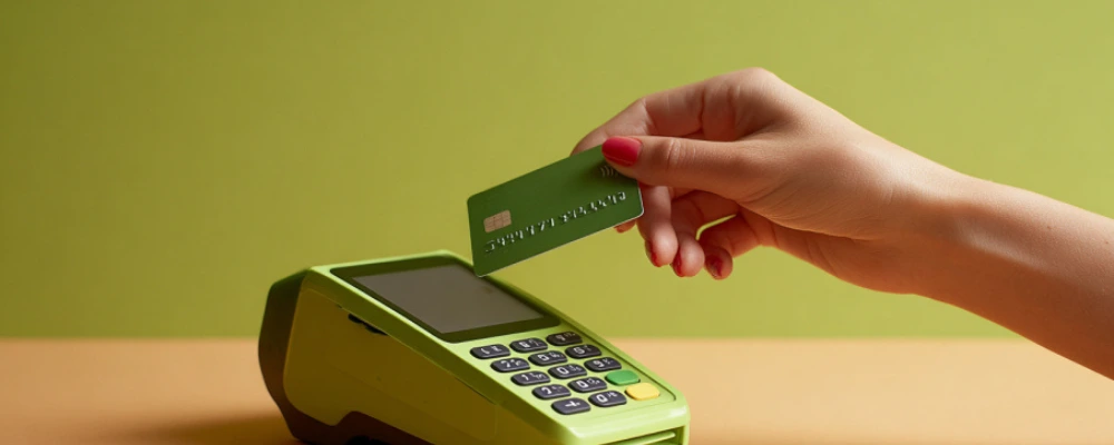 A woman's hand framed against a key lime backdrop, tapping her card on a terminal that accepts no-fee credit card processing.