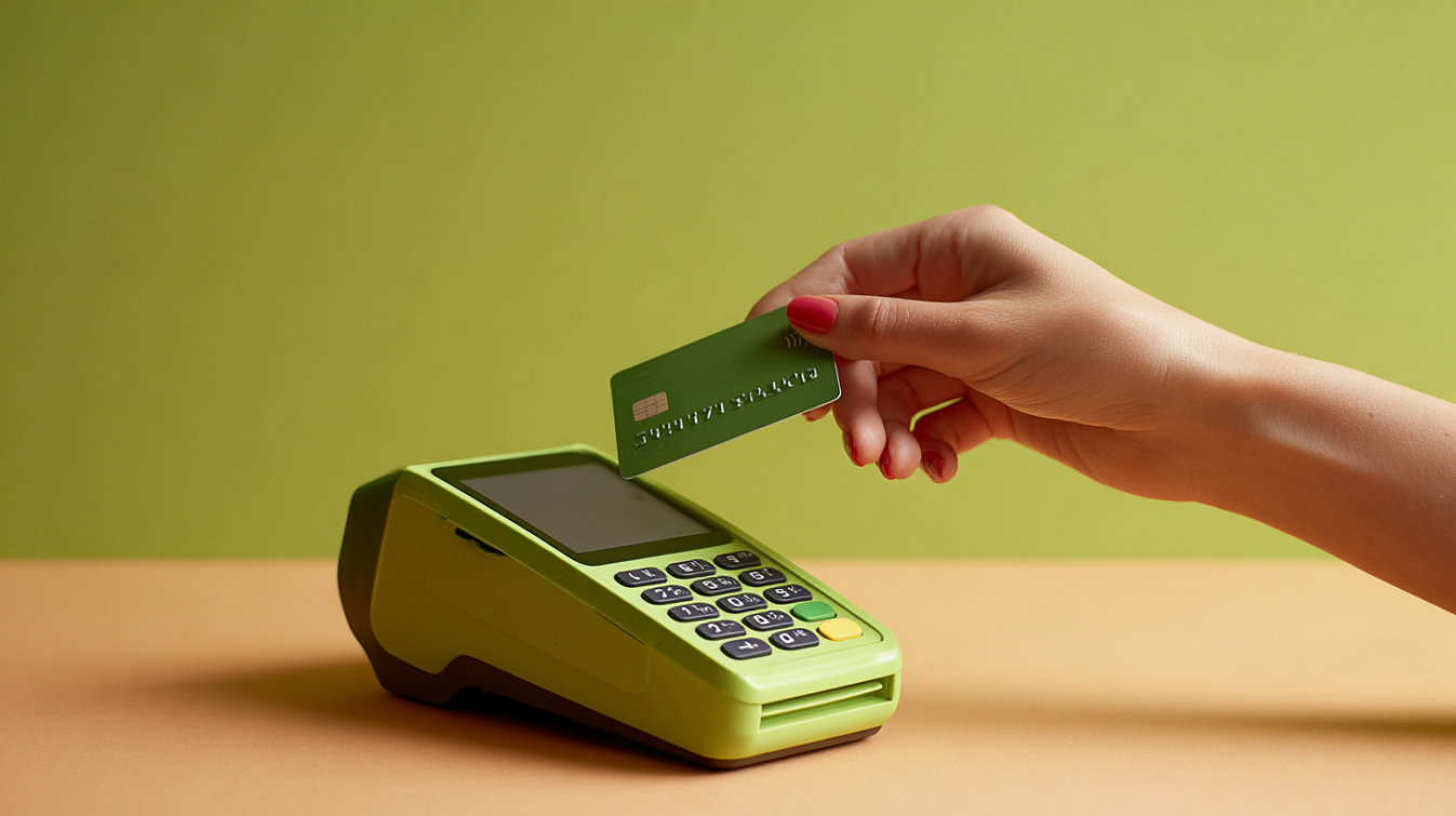 A woman's hand holding a credit card against the NF reader