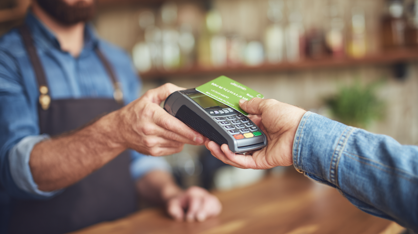 A person using a credit card reader with a lime green credit card