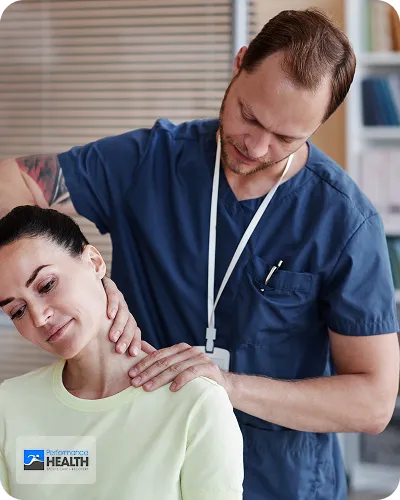 A medical professional giving a neck rub.