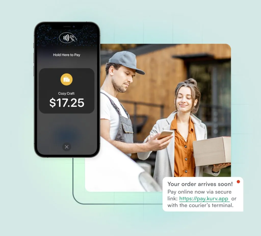 A merchant using his phone to accept mobile payments from a customer with a package.