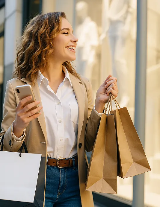 A customer with bags full of clothing and apparel.