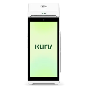 A white and black Kurv Handheld Smart Terminal with a green screen and logo saying "KURV".