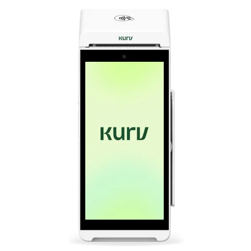 A white and black Kurv Handheld Smart Terminal with a green screen and logo saying "KURV".