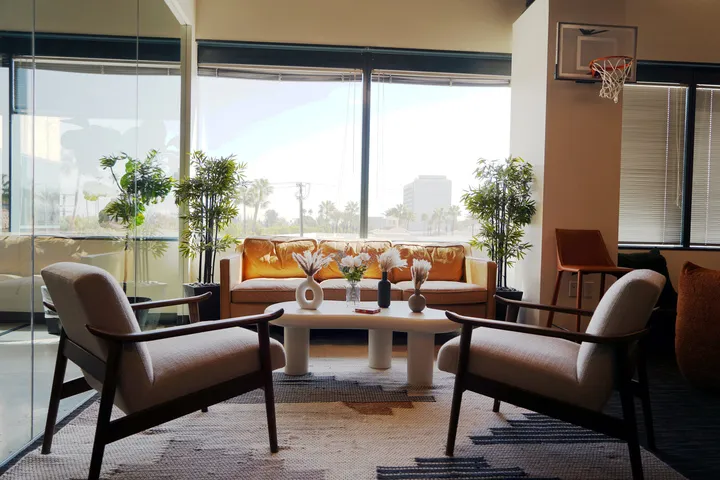 Two couches in the Kurv lounge.