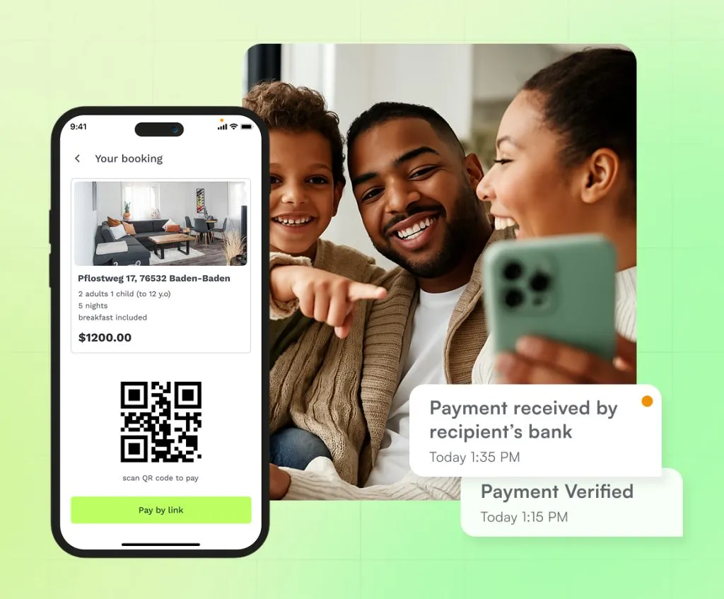 A mother, father, and child next to a screen with a QR code.