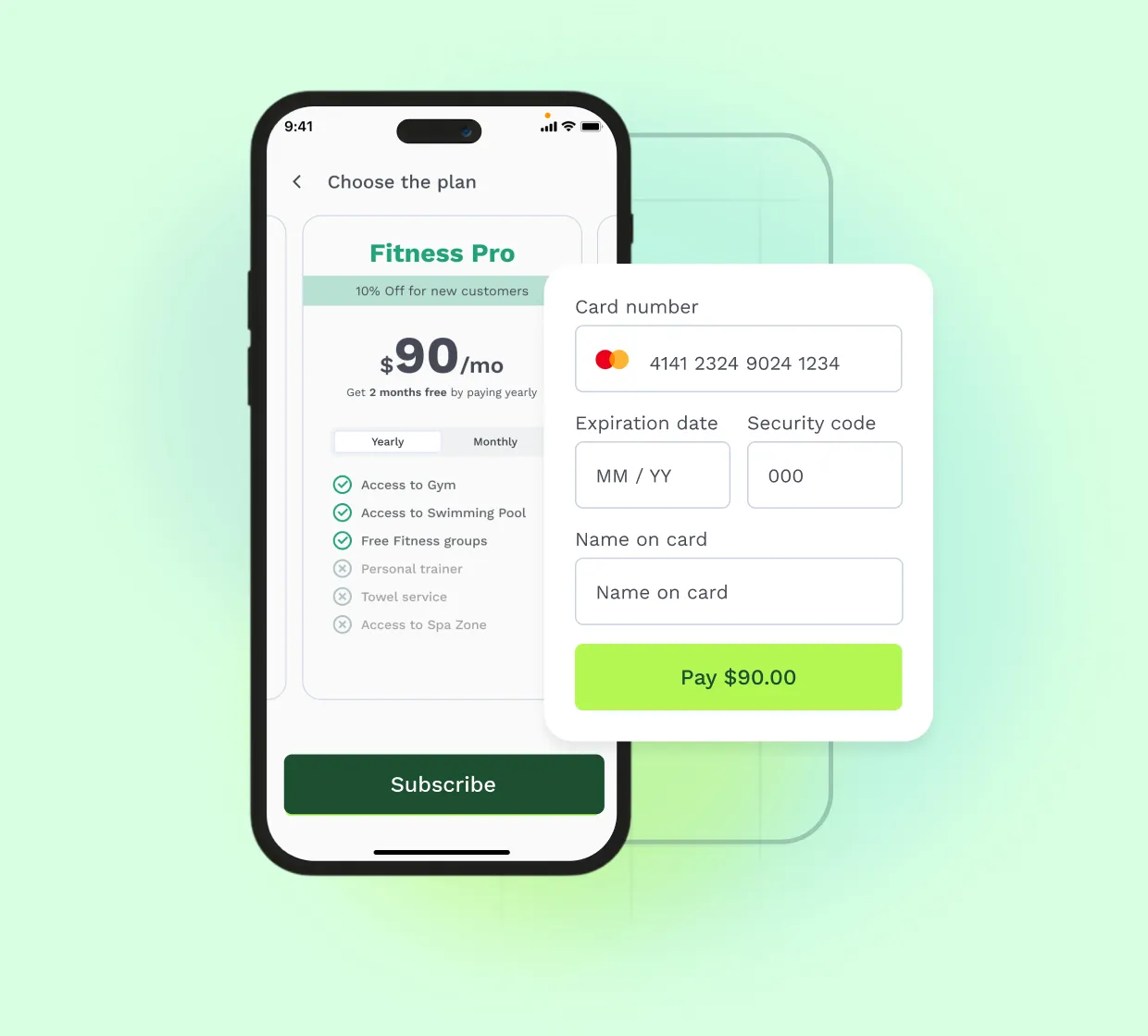 A phone displaying a payment gateway on its screen with a monthly subscription plan.