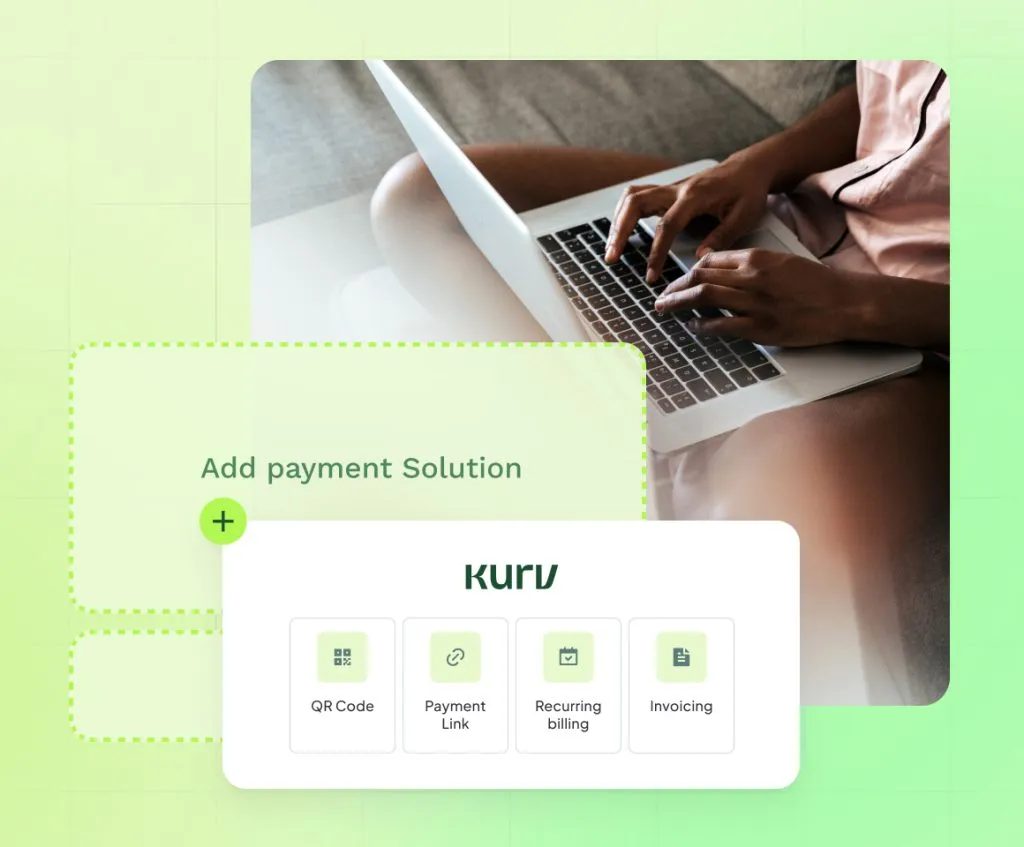 A merchant at a laptop next to a screen displaying payment gateways.