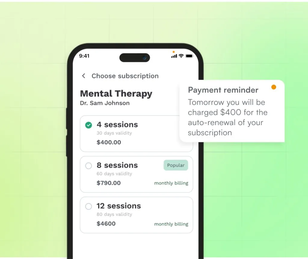 A mobile receipt for mental health services, including a payment reminder.