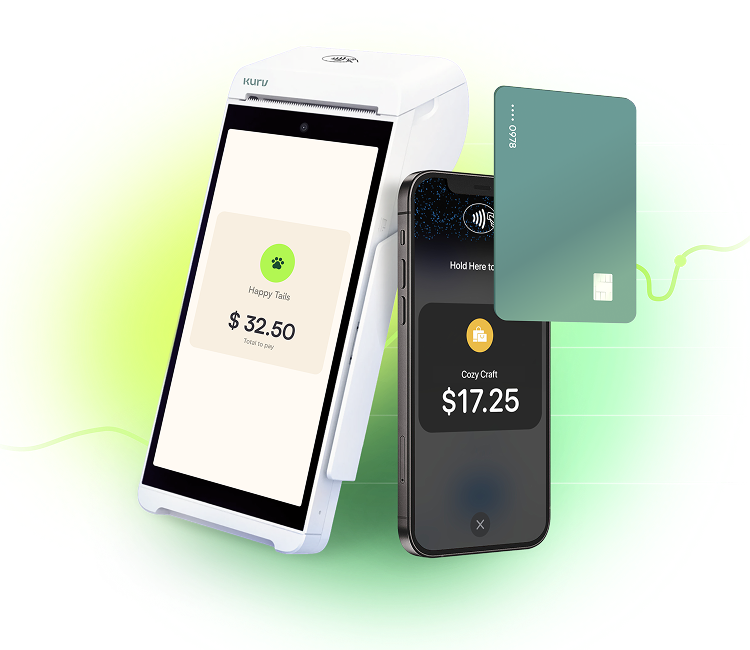Payment terminal, smartphone with mobile wallet, and credit card showing contactless payments.