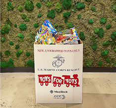 Bin filled with toys for the Toys-for-Tots volunteering event