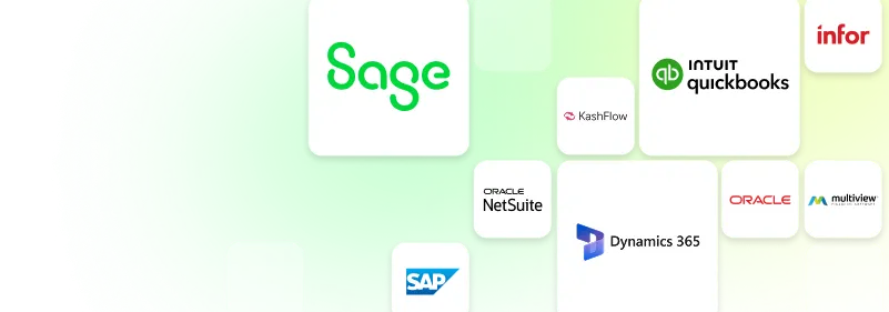 Integration logos, including Sage, Oracle, and others.
