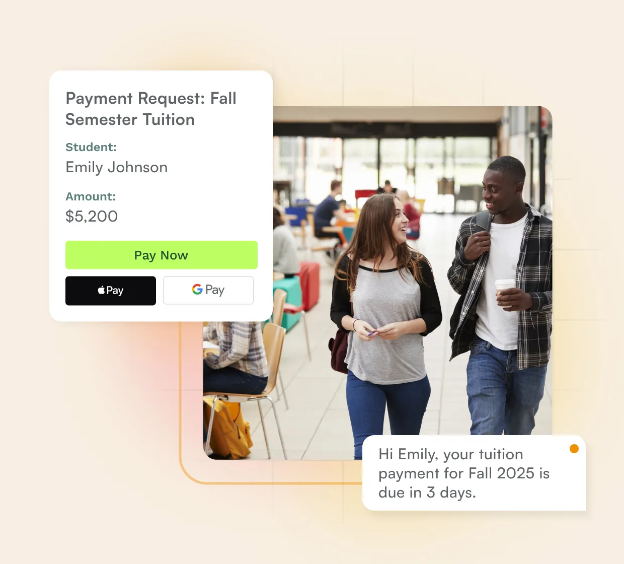 tuition payment request overlayed on image of two students walking on campus