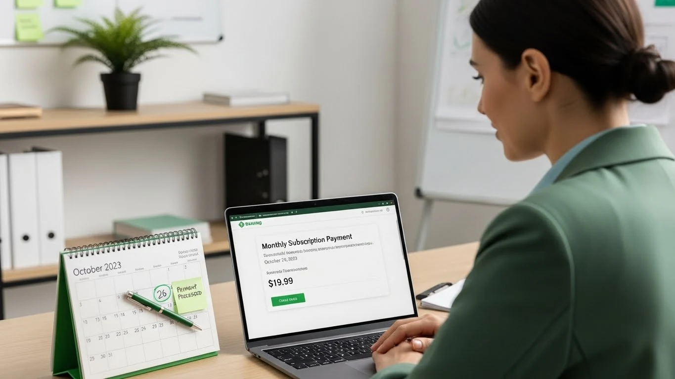 A woman making an online invoice payment with calendar payment date