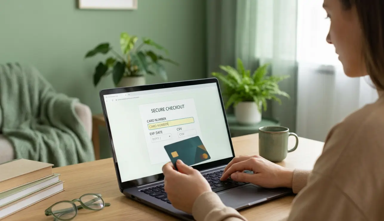 A person entering their card details online making a card-not-present-transaction.