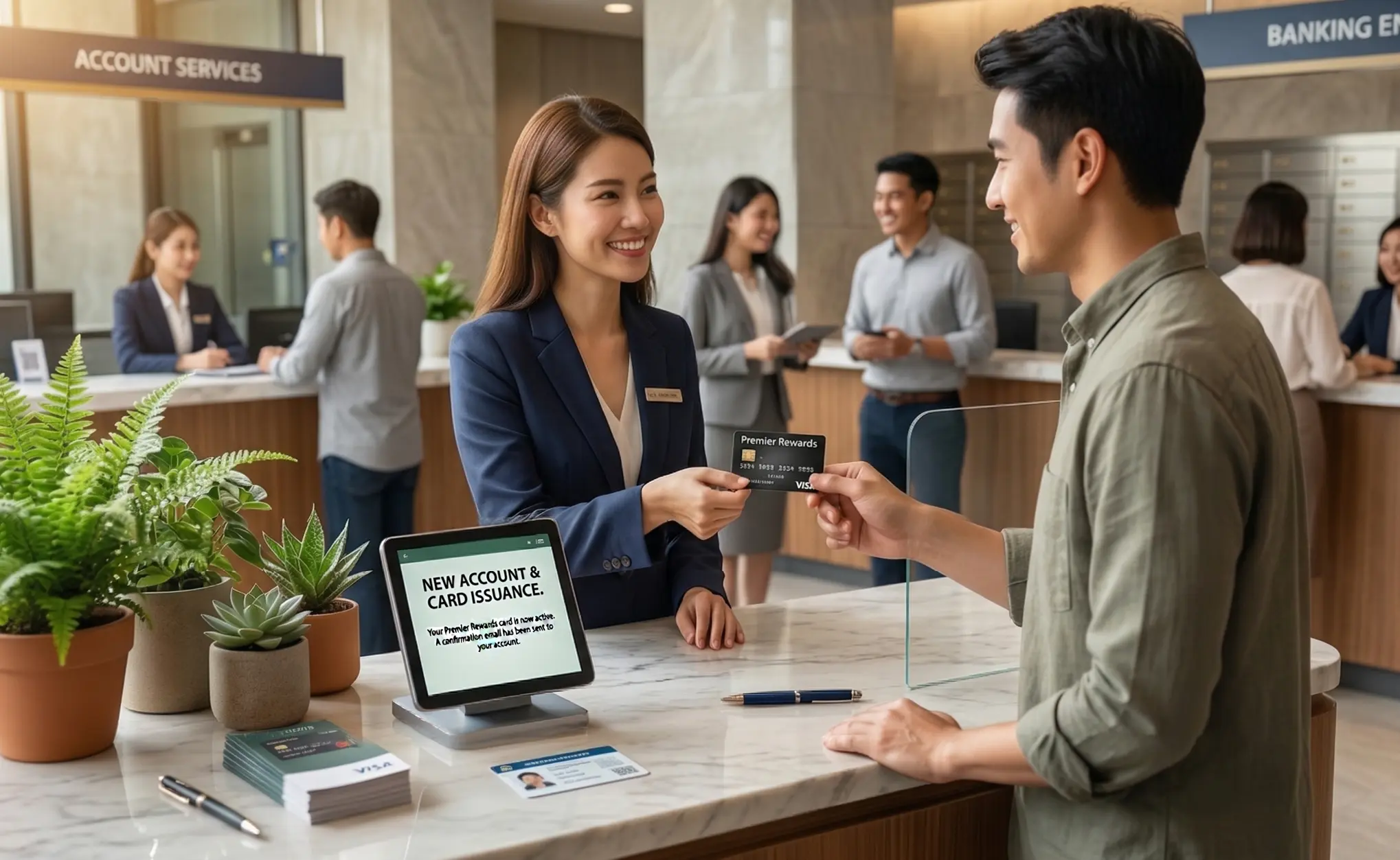 man receiving credit card from banker at an issuing bank