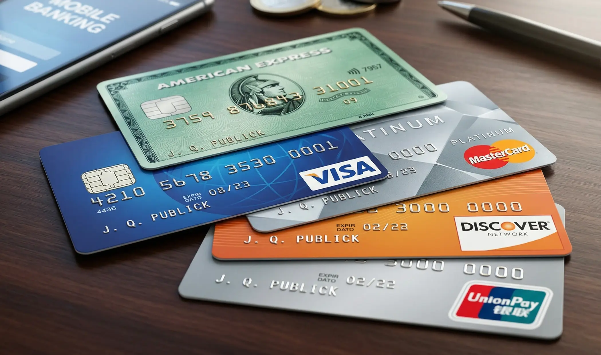 Five different credit cards from the top credit card networks.