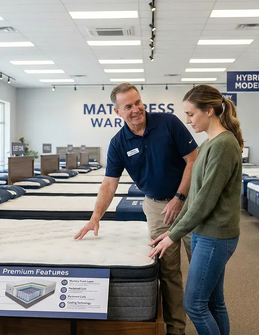mattress store clerk showing a mattress to a customer