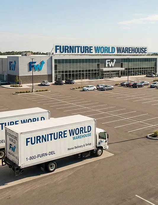 outside view of furniture retail warehouse building and trucks