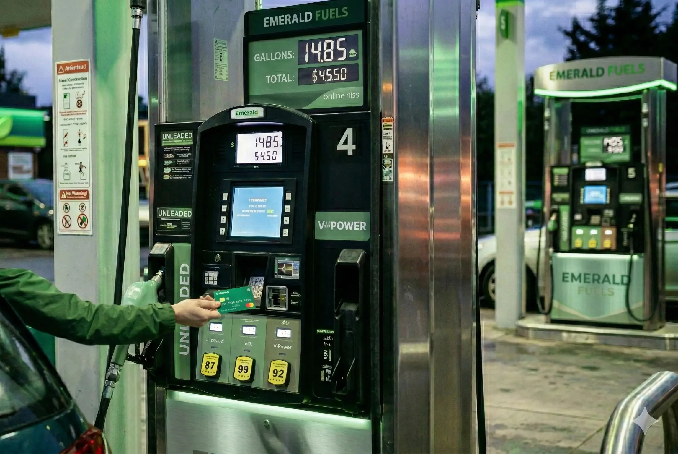 A person paying at the pump at a gas station.