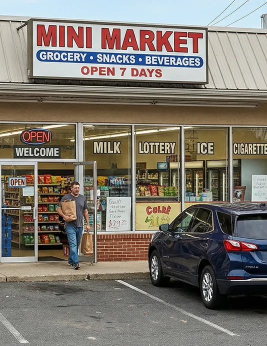 Mini mart storefront with “Mini Market” sign, windows displaying products like milk and lottery, and a person exiting the store next to a parked car.