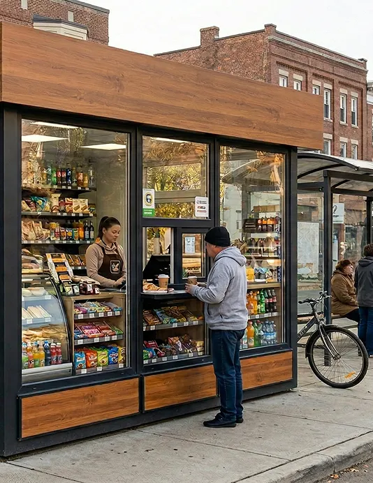 Outdoor kiosk store with glass windows displaying snacks and drinks, a customer ordering at the counter, and a bicycle parked nearby.
