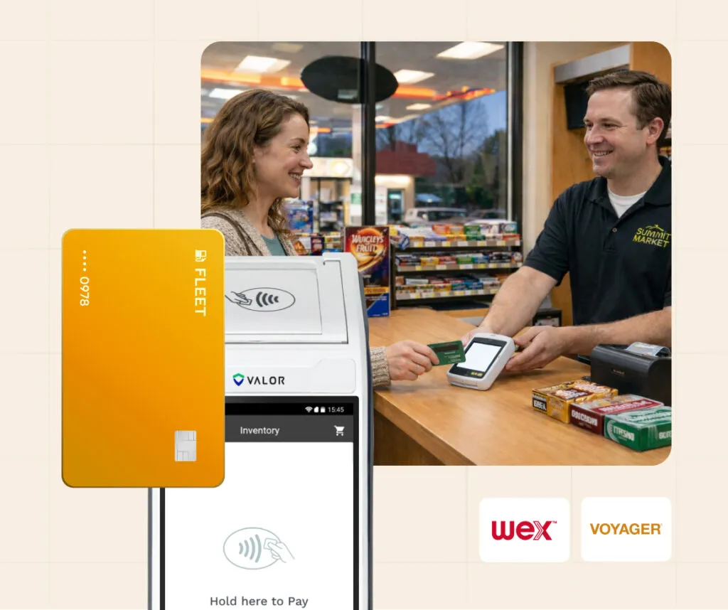 Customer paying at a convenience store counter using a card, with a payment device and branded cards shown nearby.