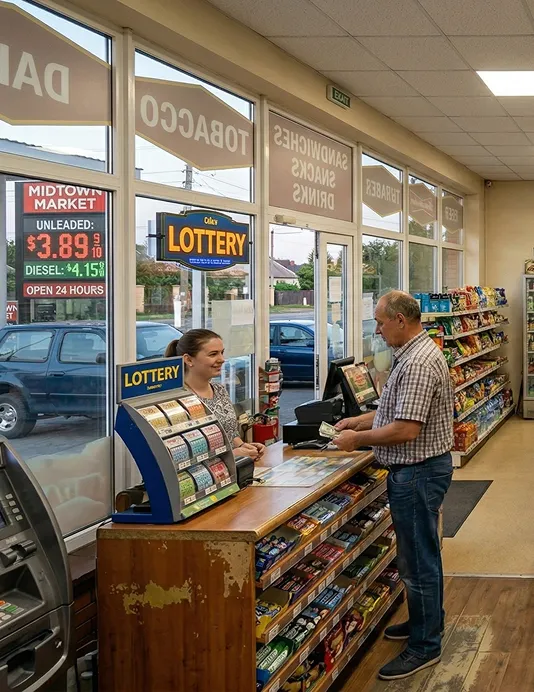 Inside a gas station convenience store, a customer pays at the counter while a cashier stands behind the register, with lottery signs and shelves of snacks visible.