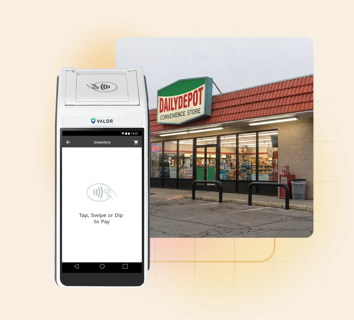Convenience store storefront with a payment device screen showing an entered transaction amount.