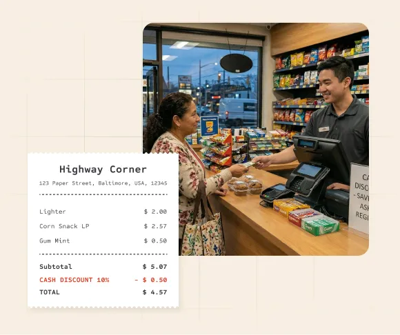 Customer paying at a convenience store counter, with a receipt showing itemized purchases and total.