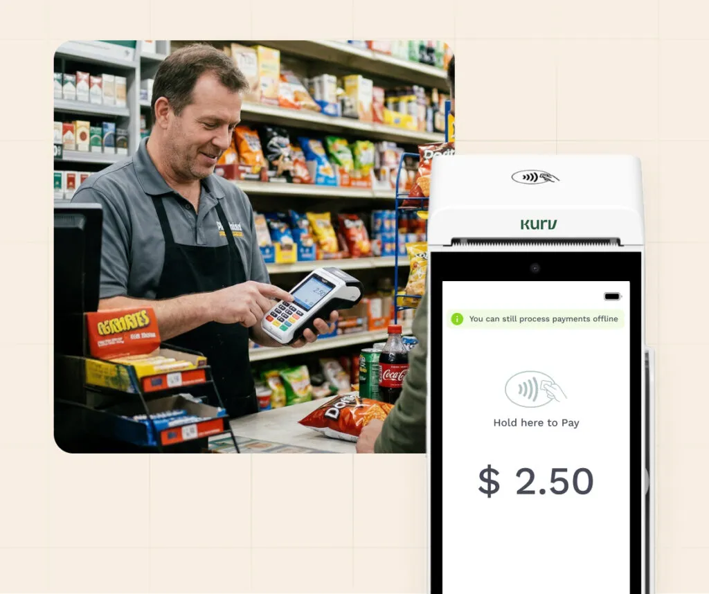 Store clerk using a payment terminal to process a transaction, with a digital screen showing a contactless payment amount.