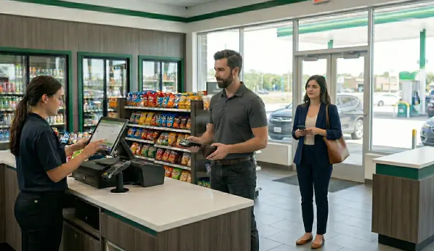 customer purchasing item in gas station convenience store with clerk behind counter operating the POS