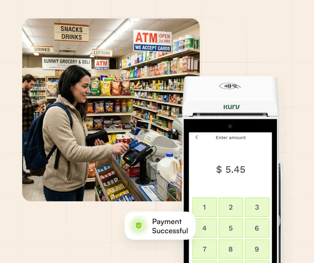 Customer paying at a grocery store checkout using a card reader, with a digital payment screen showing a successful transaction.