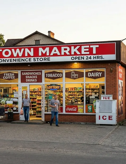A small traditional convenience store with a red “Town Market” sign, window displays of snacks and drinks, and an ice freezer outside, with two people standing at the entrance.