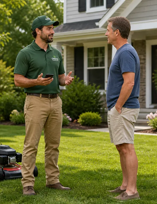 Home service professional talking with a homeowner outside a suburban house lawn.