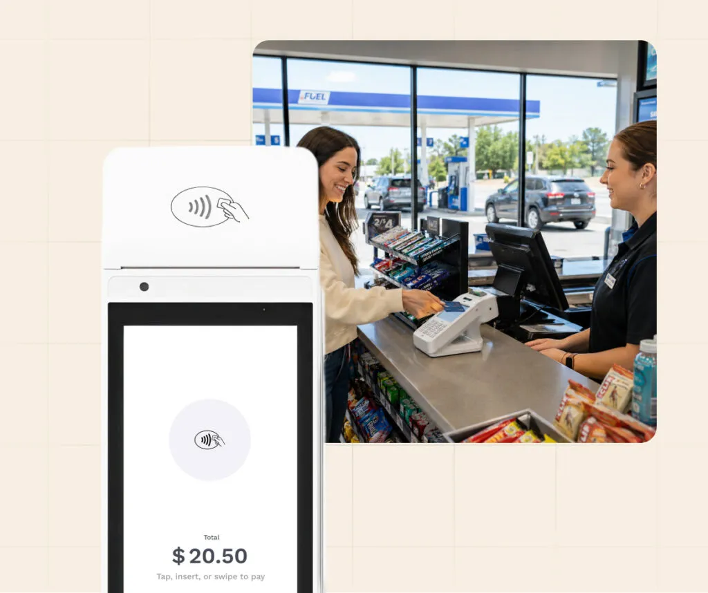 Woman tapping her credit card on a payment terminal inside a gas station c-store