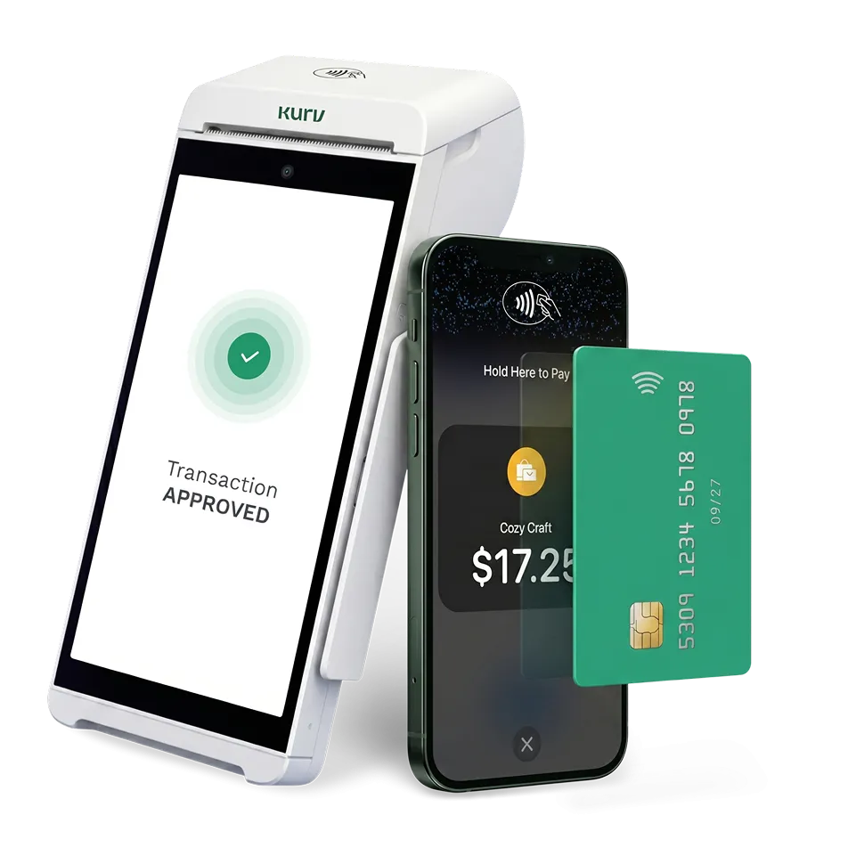Kurv handheld terminal next to a tap to pay with card transaction on phone.