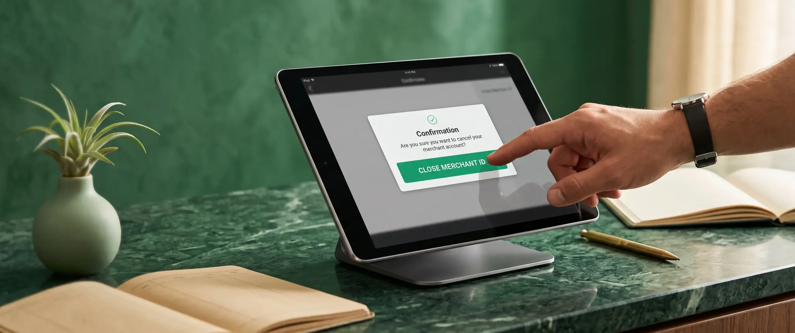 A merchant cancelling their merchant account on a computer.