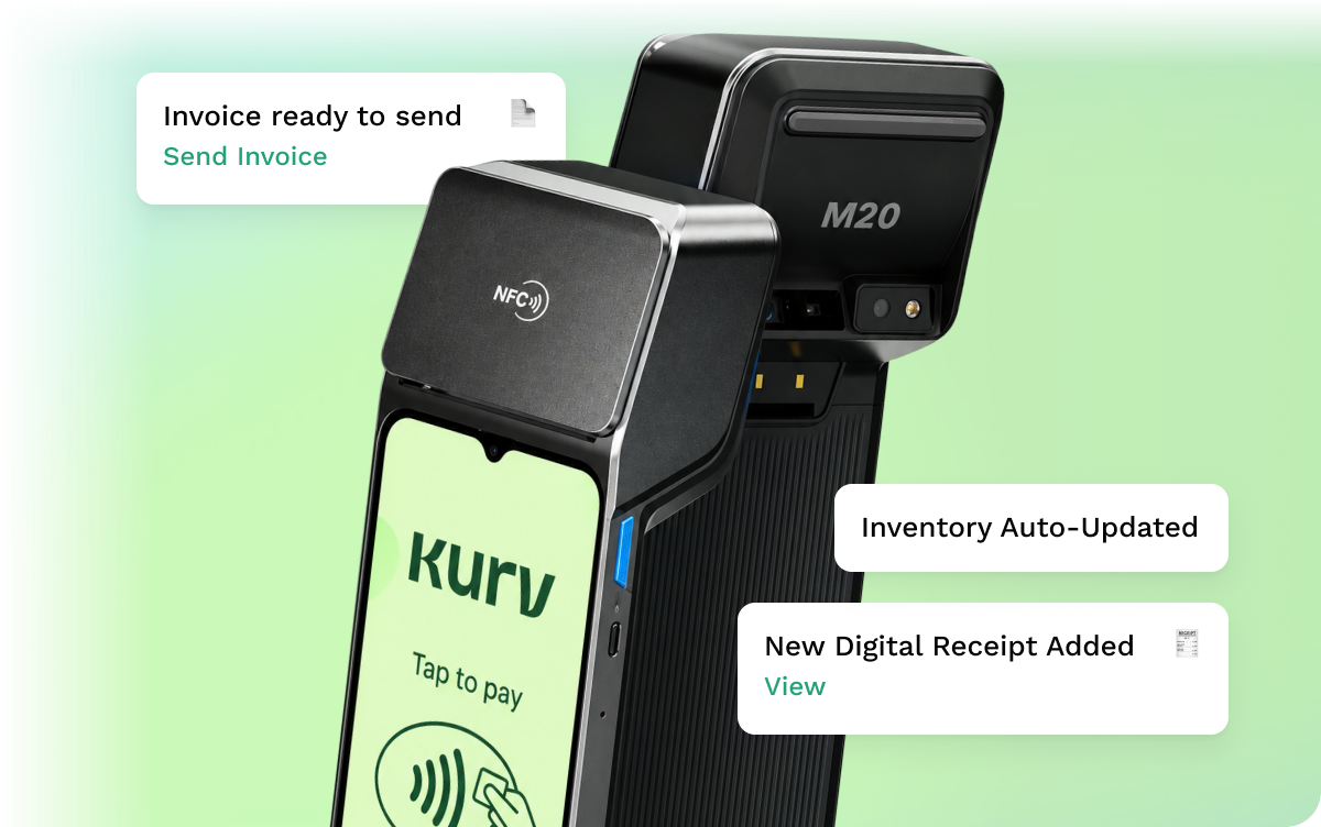 LANDI M20 smart terminal with Kurv Merchant App notifications for invoices, inventory, and digital receipts