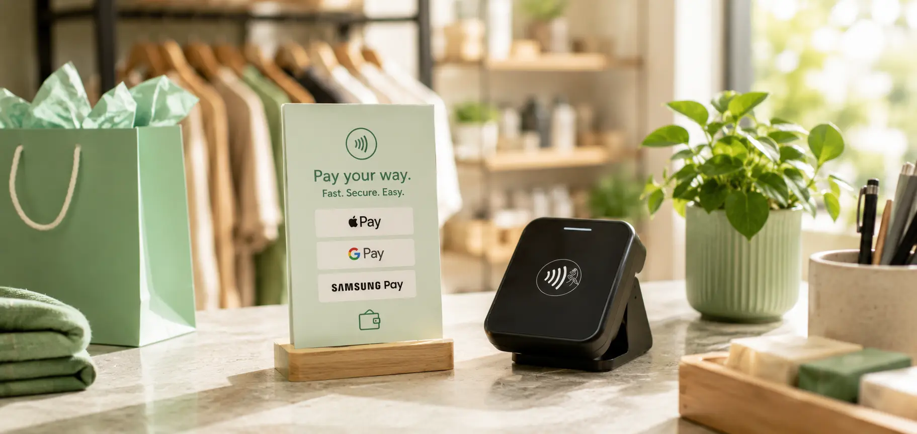 A business setting with apple pay and google pay being accepted at the business.
