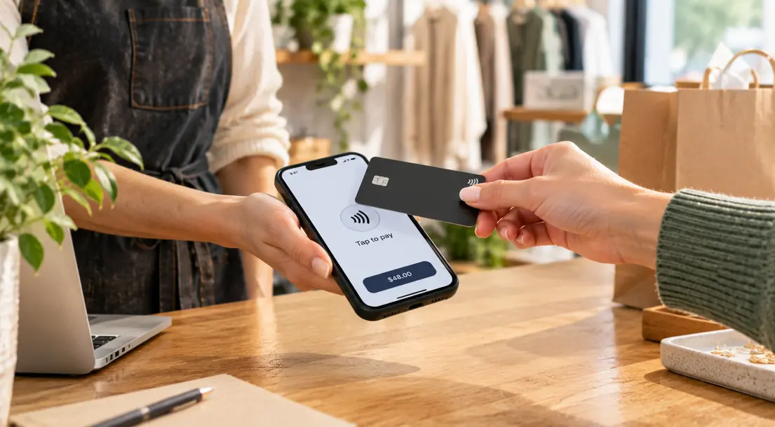 A merchant accepting a Tap-to-Pay payment via their smartphone.
